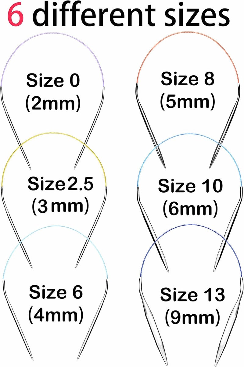 cuteDIY Circular Knitting Needles 16 Inch Set Round Metal Kit Size 13 10 8 6 2.5 0 (Etched US&mm, Color-Coded Cable, Smooth Join) - Image 2